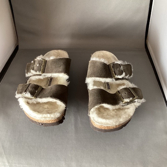 Birkenstock Brown Arizona suede shearling slides sandal - Picture 3 of 7
